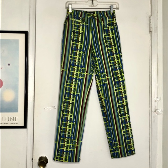 Versace Denim - VERSACE JEANS COUTURE • Y2K SPELLOUT Medusa Plaid Jean in Neon Green EUC